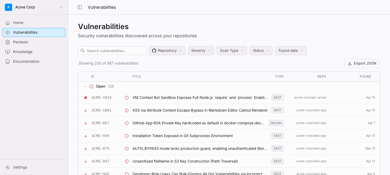 Vulnerabilities view in the Trace dashboard, showing findings across repositories from multiple engines