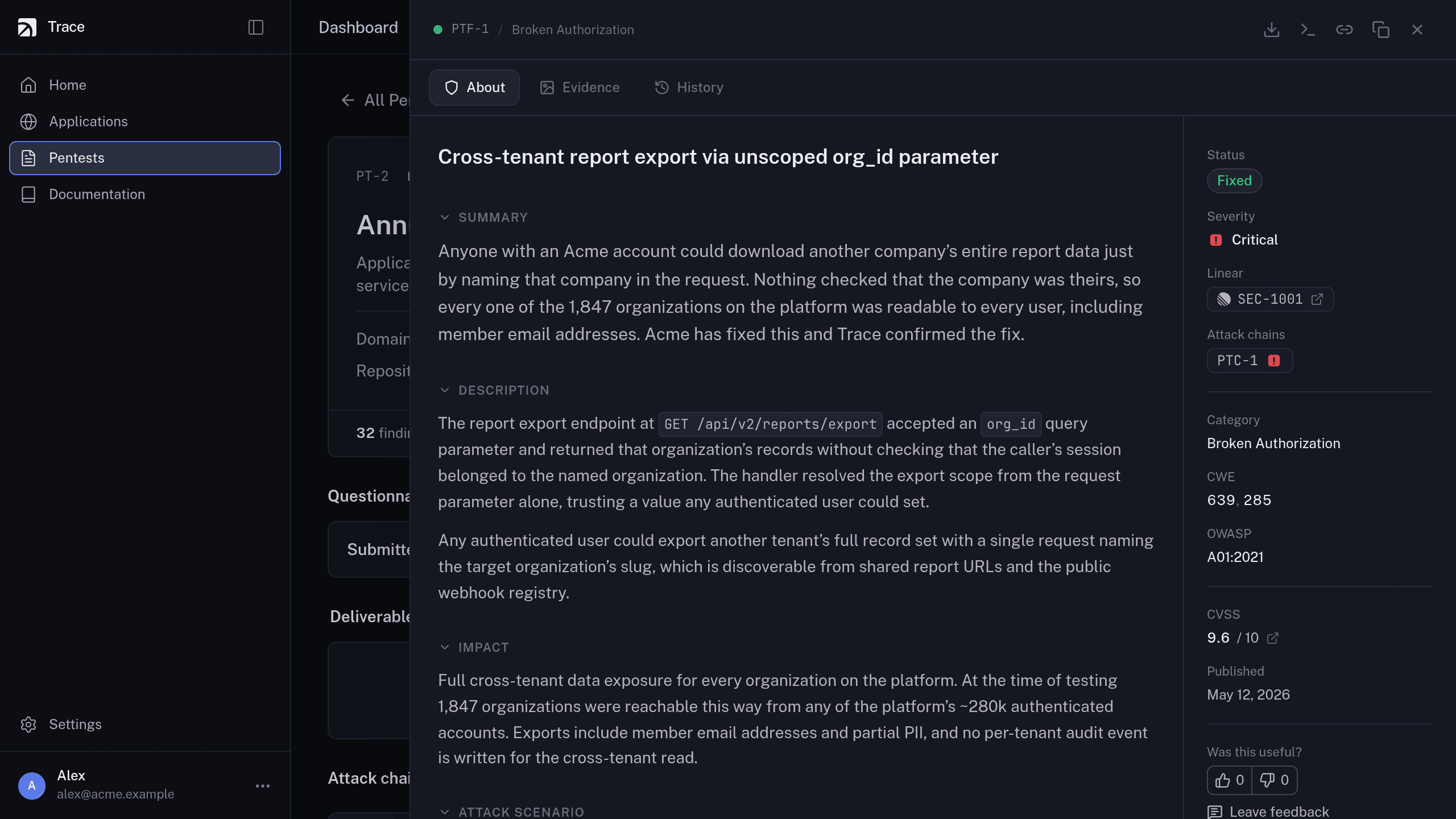 A finding open in the Trace dashboard: title, summary, description and impact on the left; status, severity, linked Linear ticket, attack chain, category, CWE, OWASP category, CVSS score and publish date in the sidebar.