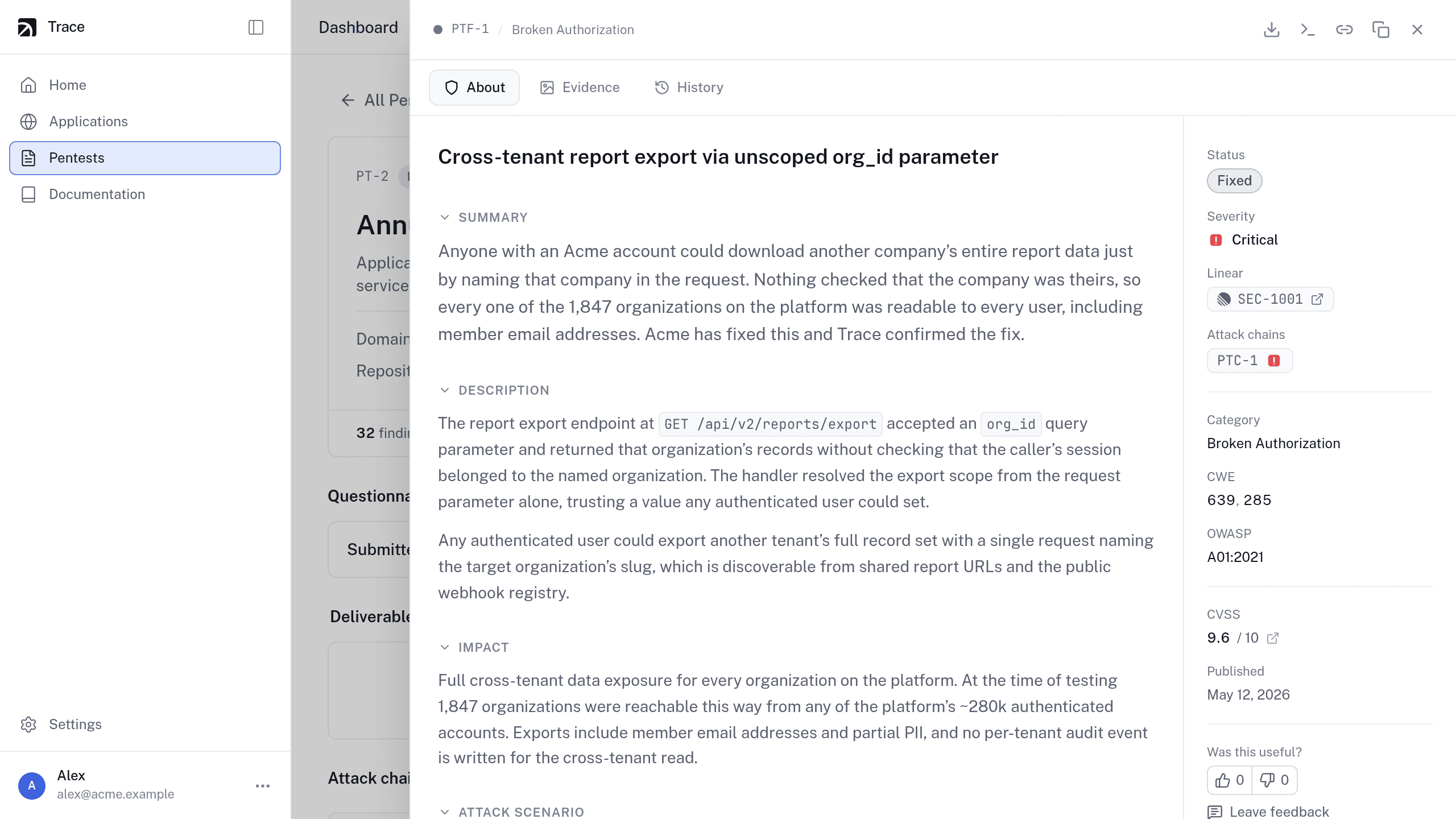 A finding open in the Trace dashboard: title, summary, description and impact on the left; status, severity, linked Linear ticket, attack chain, category, CWE, OWASP category, CVSS score and publish date in the sidebar.