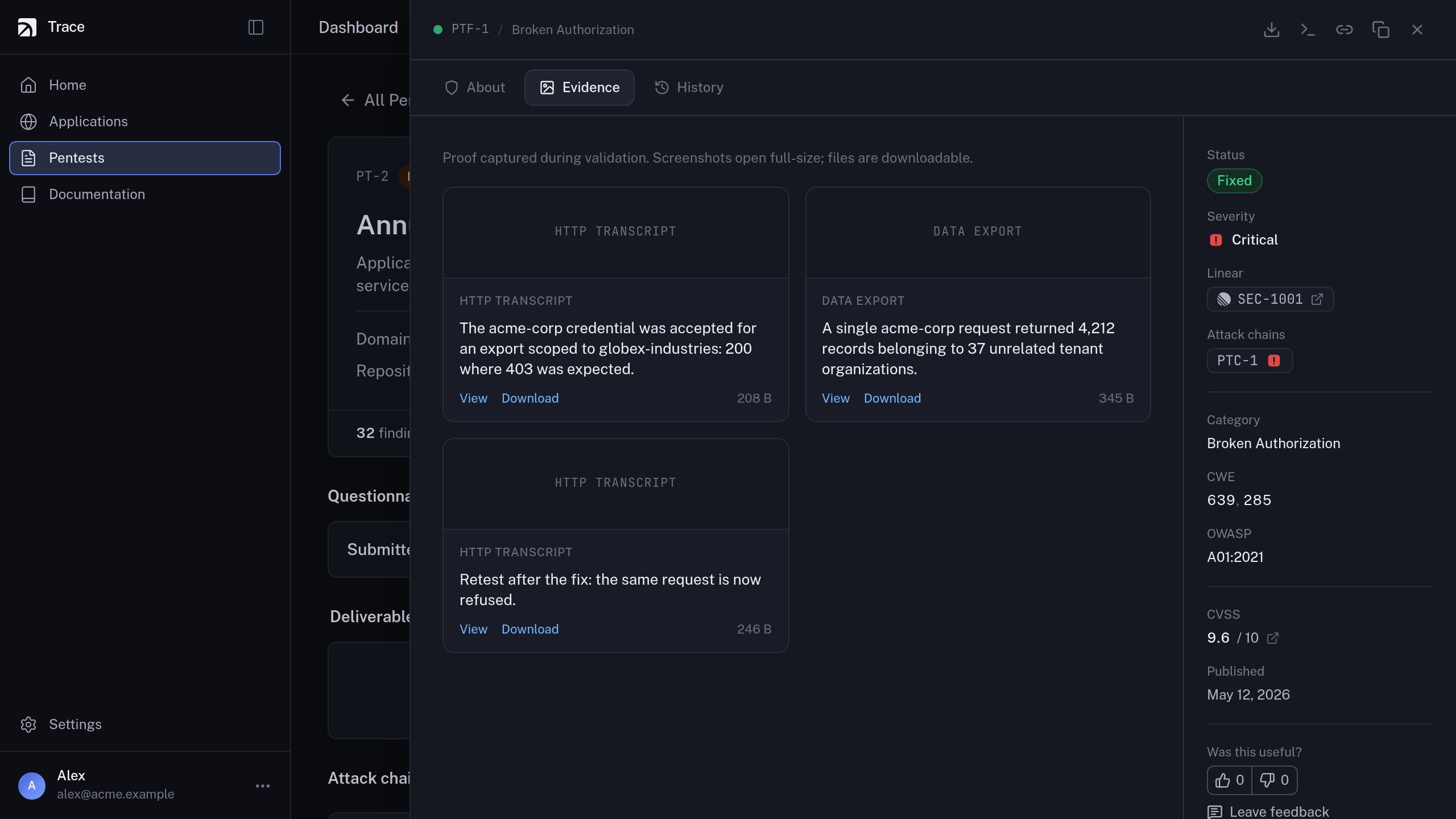 The Evidence tab of a verified finding in the Trace dashboard: HTTP transcripts and a data export captured during validation, each with a caption, file size, and view and download links.